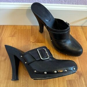 m.p.s black leather wooden high heel clog mules